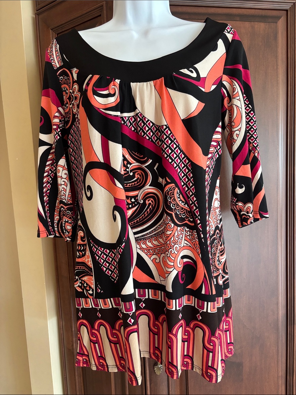 AB Studio Black Pink Orange Cream Swirl Print Tunic